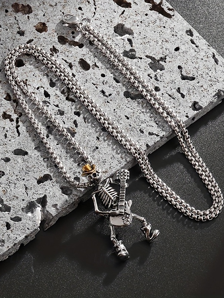 Collar con colgante de guitarra y calavera de Halloween para hombre, cadena de metal estilo rock punk, ideal para fiestas, conciertos y vida nocturna. 2025 - $9.99 –P7