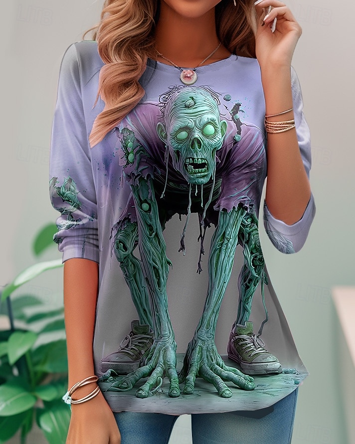 T-Shirt da donna teschi grafica moda vintage elegante maniche lunghe collo rotondo top regolari stampa quotidiana weekend giallo blu viola verde estate primavera autunno del 2026 a $24.99 –P2