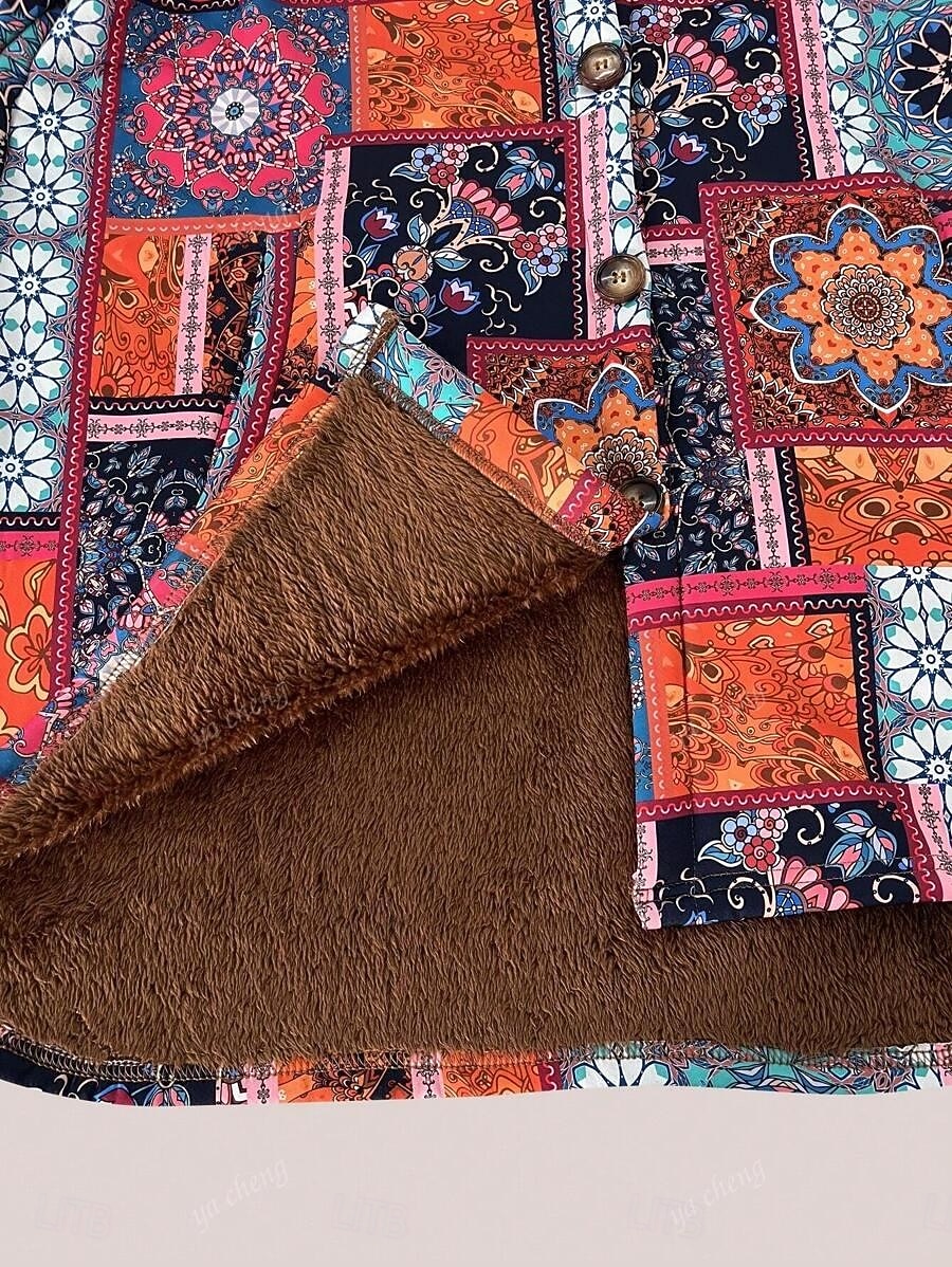 Mulheres Jaqueta sherpa Jaqueta casual Confortável Respirável Imprimir Casual Geométrica Férias Rua Casual Roupa Diária Abertura Frontal Longo Com Capuz Normal Manga Longa agasalhos Laranja Primavera de 2025 por $35.99 –P3