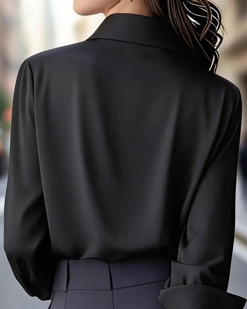 Women's Shirt Elegant Dressy Satin Top Buttons Plain Elegant Stylish Long Sleeve Shirt Collar Regular Tops Holiday Going out Black White Spring Fall 2026 - $19.99 –P4
