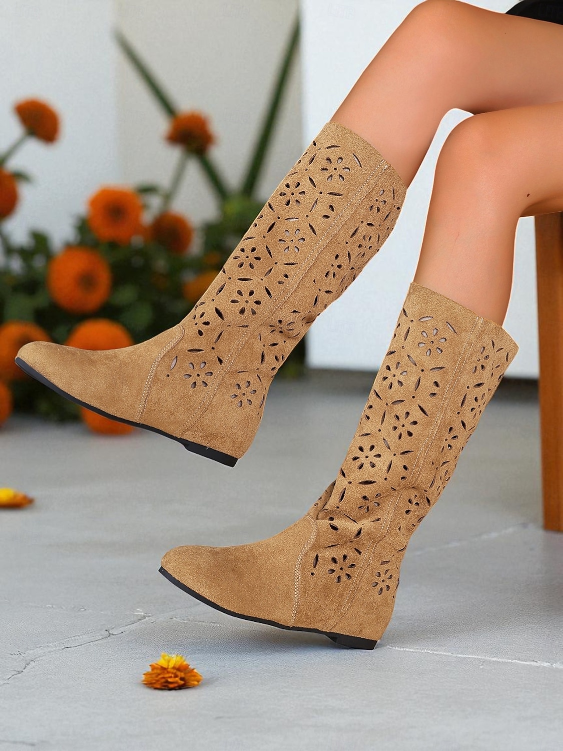 Women's Slouchy Mid-Calf Boots with Floral Cutout Design, Casual Boho Style for Autumn Street and Everyday Wear 2025 - $42.99 –P3