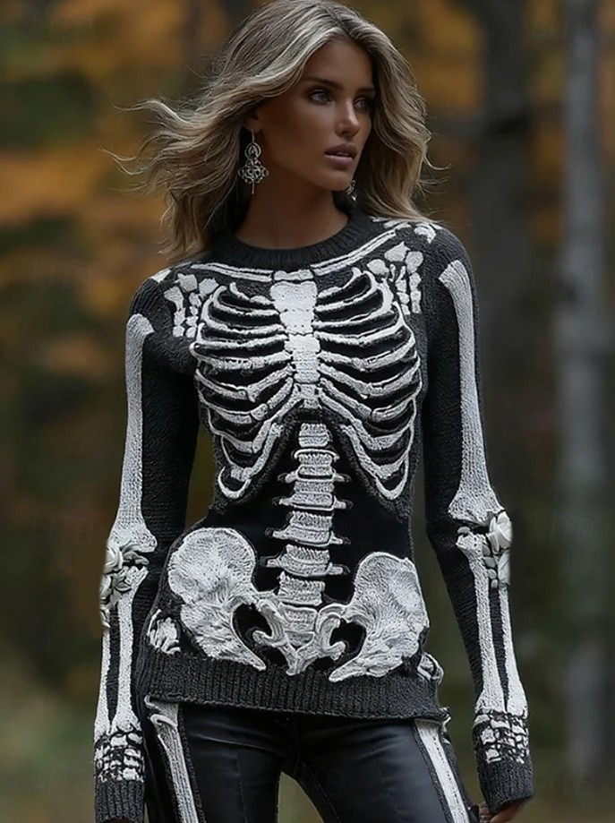 Halloween Damenpullover Skelett Mode Lässig Grafik Skelett Rundhalsausschnitt Patchwork Gestrickte Lange Ärmel Reguläre Oberteile Strick Schwarz Rosa Herbst Winter 2025 - $29.99 –P6