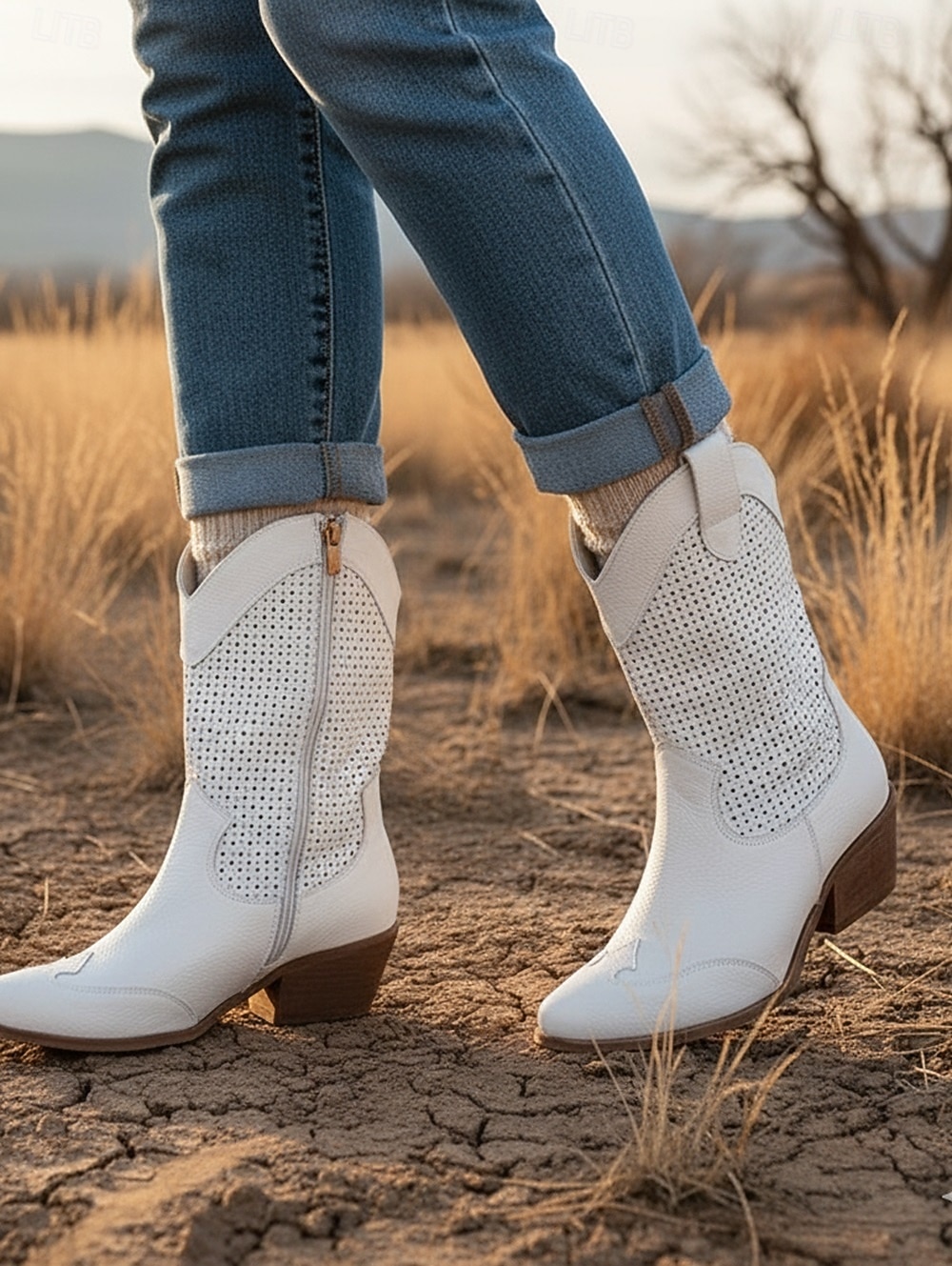 damskie perforowane zamszowe kowbojskie buty westernowe - jasnobrązowe, do połowy łydki, oddychające, letnie 2025 - $59.99 –P1