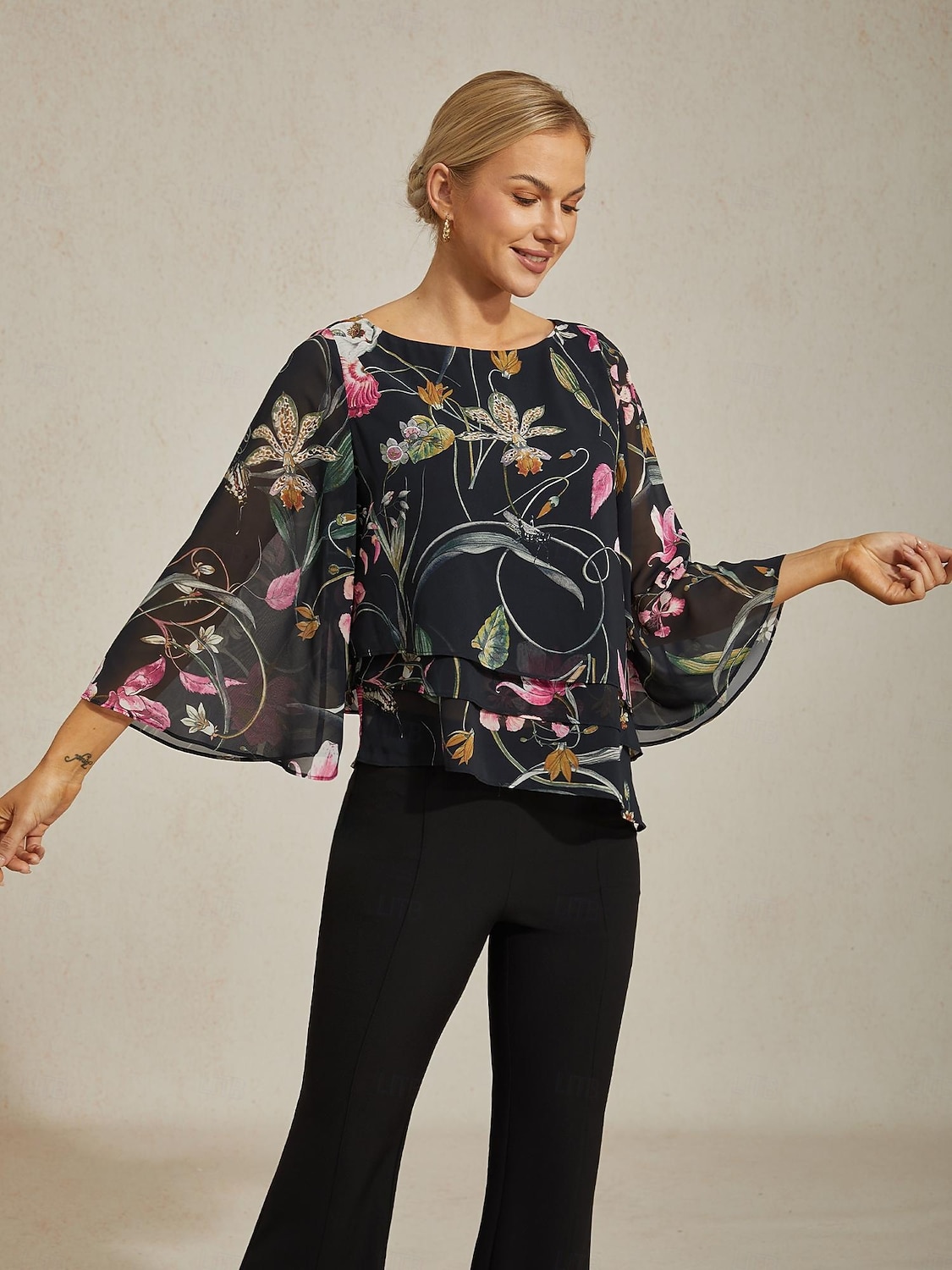 Blusa de mujer negra floral, manga 3/4, suelta, cuello redondo, informal, elegante, para vacaciones, primavera, verano y otoño. 2026 - $15.99 –P4