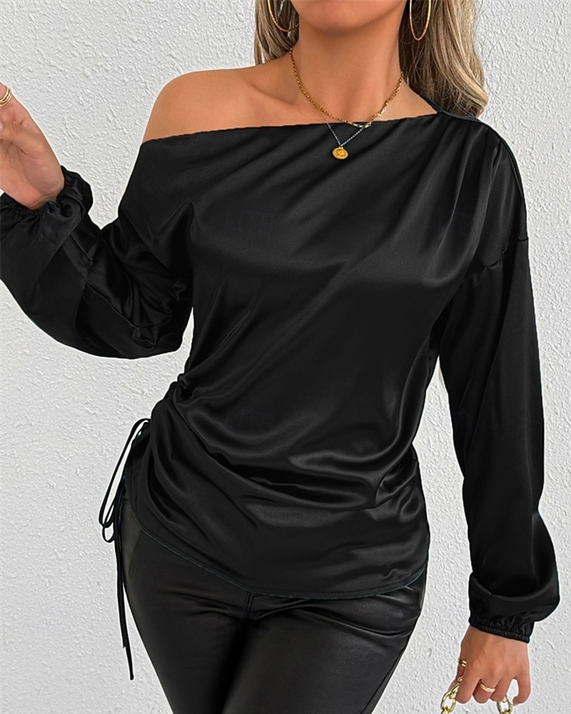 Mulheres Camisa Social Elegant Elegante Top de cetim Assimétrico Tecido à moda Casual Manga Longa ombro frio Tops regulares Diário Para Noite Preto Verde Primavera Outono de 2026 por $28.99 –P5