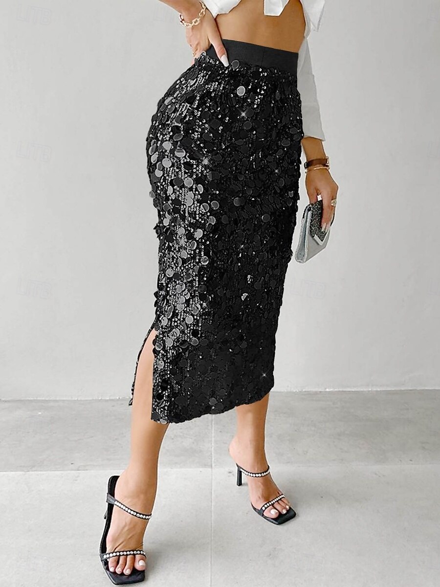 Per donna Gonna Aderente Elegante Moda Midi Vita Alta Gonne Semplice Paillettes Elasticizzato Feste Streetwear Argento Nero Oro Primavera Poliestere del 2025 a $47.99 –P3