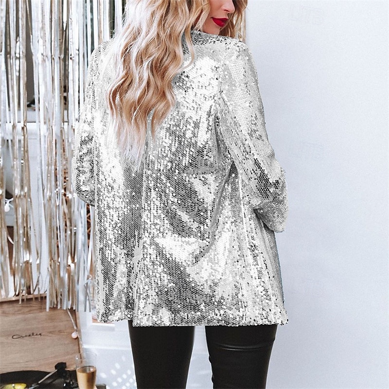 Pentru femei Jachetă cămașă Blazer Comfortabil Respirabil Sequin Modă Zilnic Simplu În aer liber Casual Zilnic Regulat Rever Fit regulat Manșon Lung Îmbrăcăminte exterioară Argintiu Negru Roșu Vin 2025 - $28.99 –P5