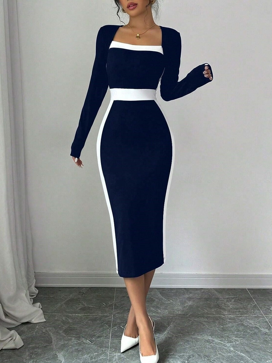 Dam Midiklänning Sheath Dress Ledigt Helgdag Utekväll Normal Randig Långärmad Fyrkantig hals Svart Fuchsia Mörkblå Vår Höst Vinter 2025 - $29.99 –P9