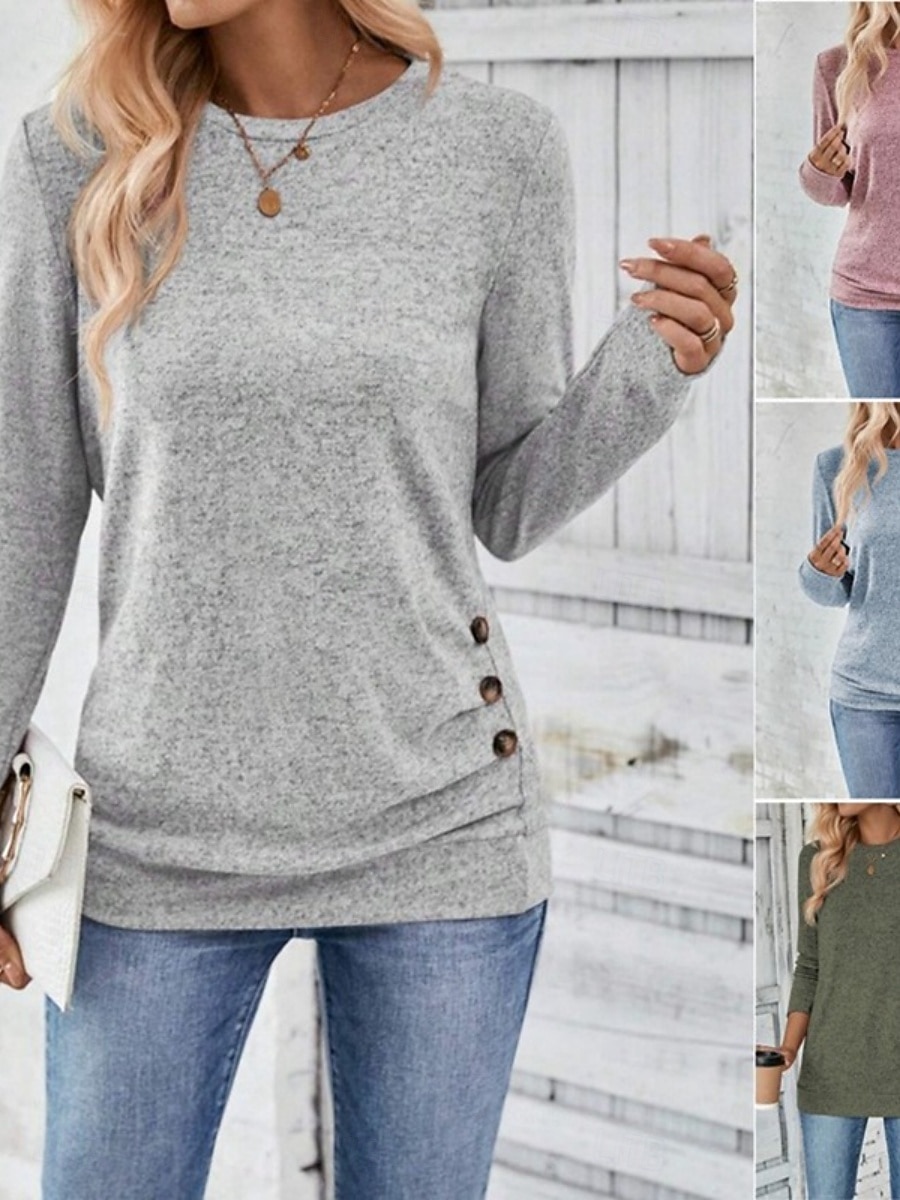 Dame Bluse Helfarge Tropisk Stilfull Fritid Langermet Crew-hals Vanlige topper Daglig Knapper Rosa Himmelblå Grønn Grå Sommer Vår Høst 2025 - $23.99 –P25