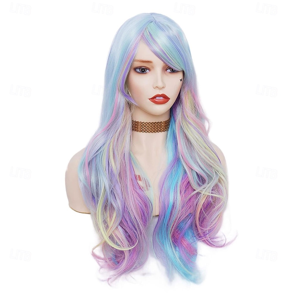 2025年 Rugelyss レインボー カラフルウィッグ 女性用 26インチ ウェーブ ファッション 合成フルヘッドヘアウィッグ 前髪付き コスプレやパーティーに最適  コレクション – $23.99 –P2