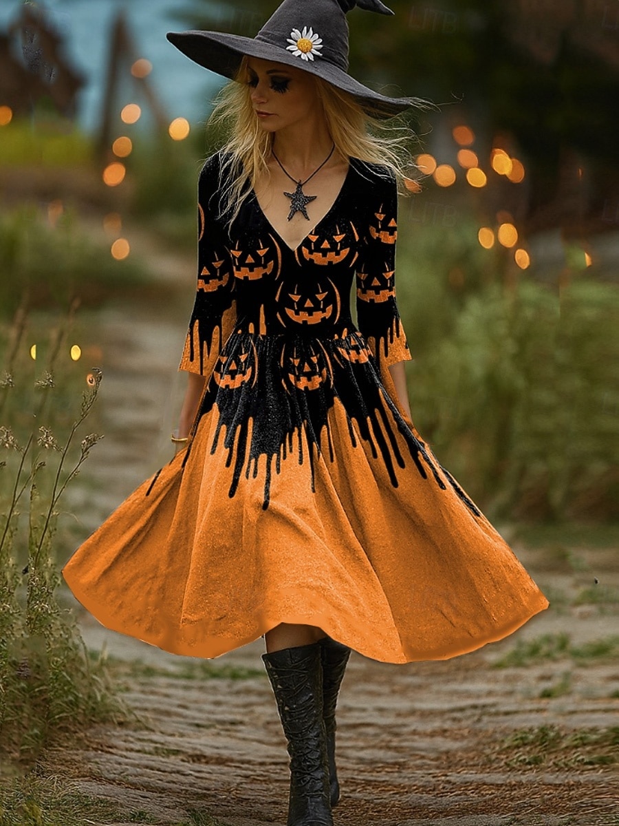 Halloween Damen Midi Kleid mit Hexen-Print A-Linie Kleid Urlaub Party Casual Party Regulär Passform Grafik Kürbis Langarm V-Ausschnitt Schwarz Lila Orange Braun Frühling Herbst 2025 - $36.99 –P3