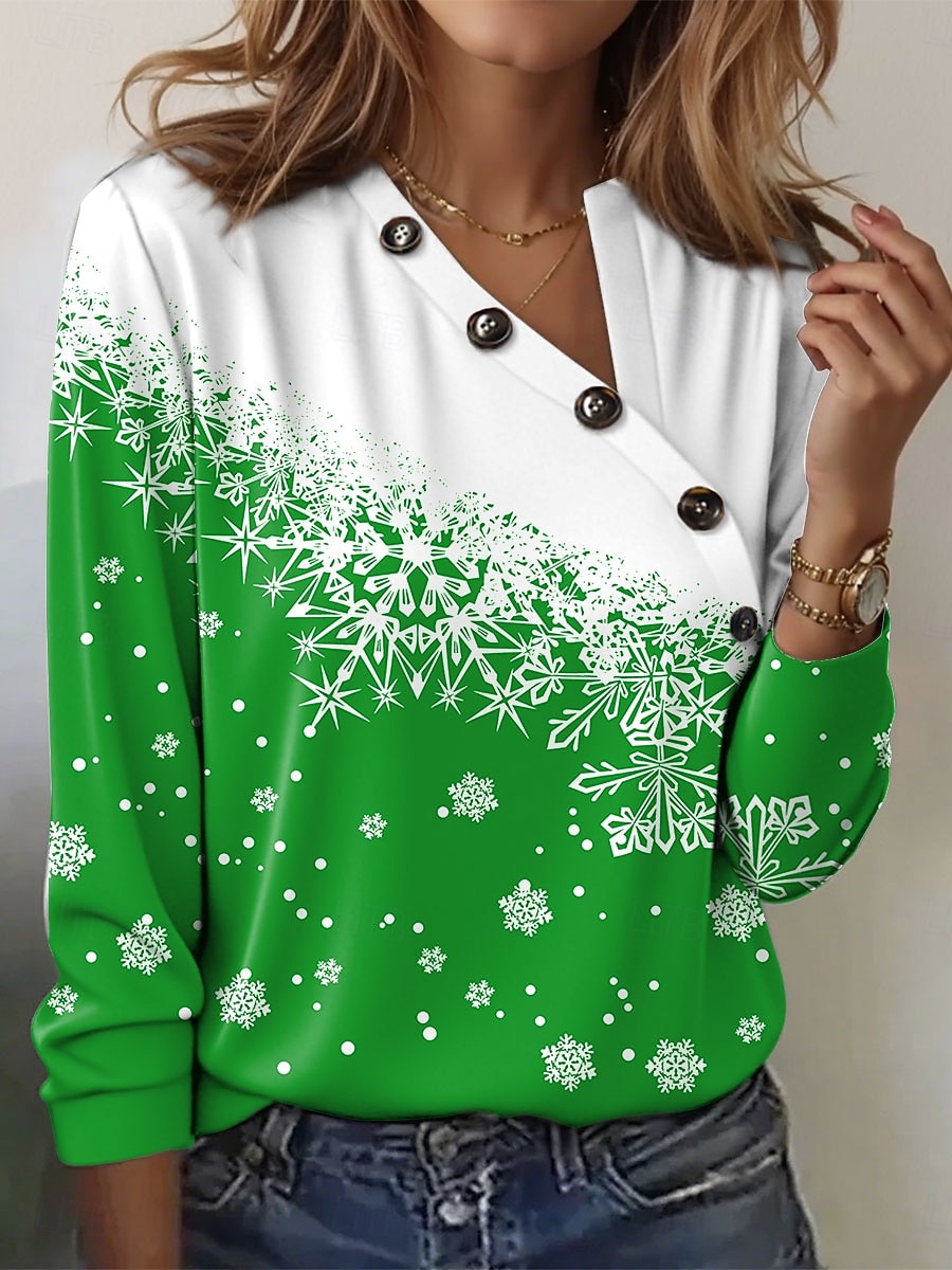 Crăciun Pentru femei Tricou Geometric Fulg zăpadă Casual Manșon scurt Manșon Lung În V Topuri obișnuite Zilnic Nasturi Imprimeu Roșu-aprins Albastru piscină Mov Trifoi Gri Vară Iarnă 2025 - $24.99 –P4
