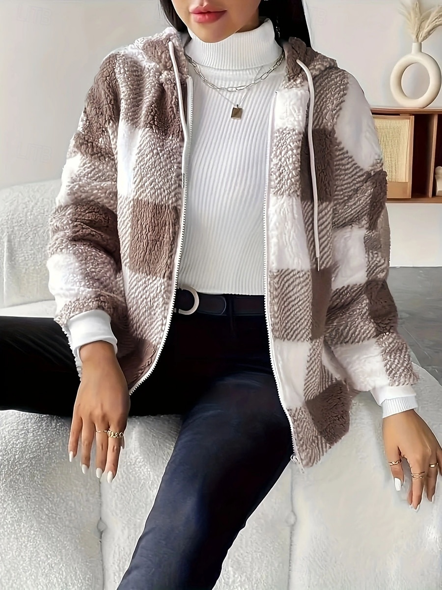 Жен. Флисовая жилетка Пальто тедди Удобный Дышащий Карман Пуговицы С принтом На каждый день В клетку Отпуск Для улицы Повседневные На каждый день Молния Обычная Капюшон Стандартный Длинный рукав 2025 - $43.99 –P4