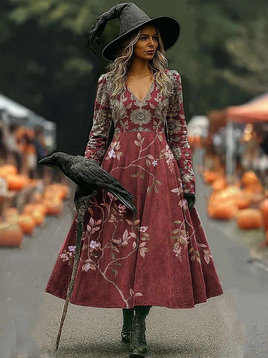 Halloween Dam Maxiklänning A linjeklänning Semester Ledigt Boho Strand Normal Blommig Grafisk Långärmad V-hals Mörklila Svart Rodnande Rosa Vin Vår Höst 2025 - $14.99 –P5