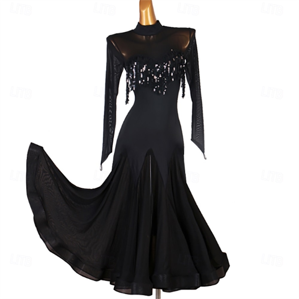 abito da ballo da sala nero da donna con dettagli in paillettes, maniche lunghe e gonna svasata: perfetto per balli latini, tango e performance del 2025 a $157.99 –P1