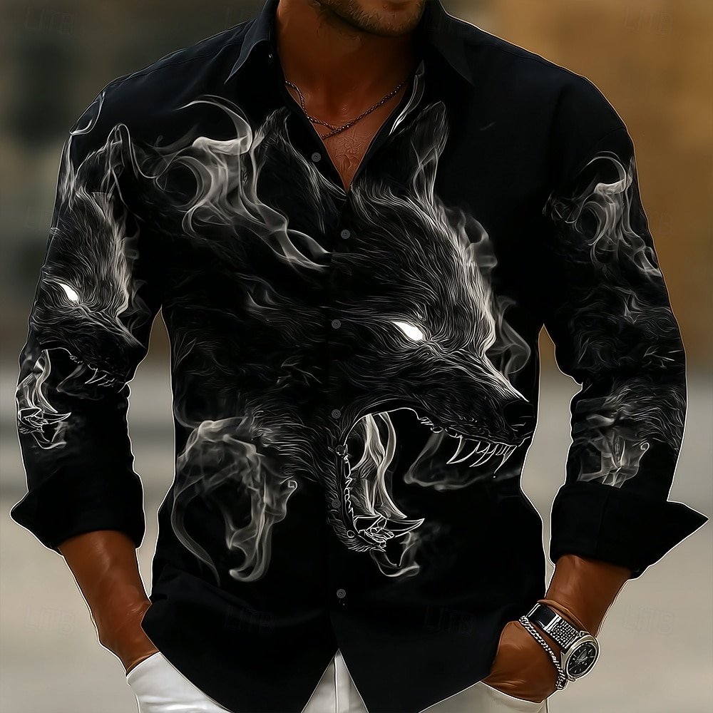Hombre Ahumado Animal Lobo Camisa Abotonar la camisa Manga Larga retro de la vendimia Ropa de calle Festivos Primavera Otoño Cuello Vuelto Impresión 3D camisas con cuello Negro 2026 - $27.99 –P1