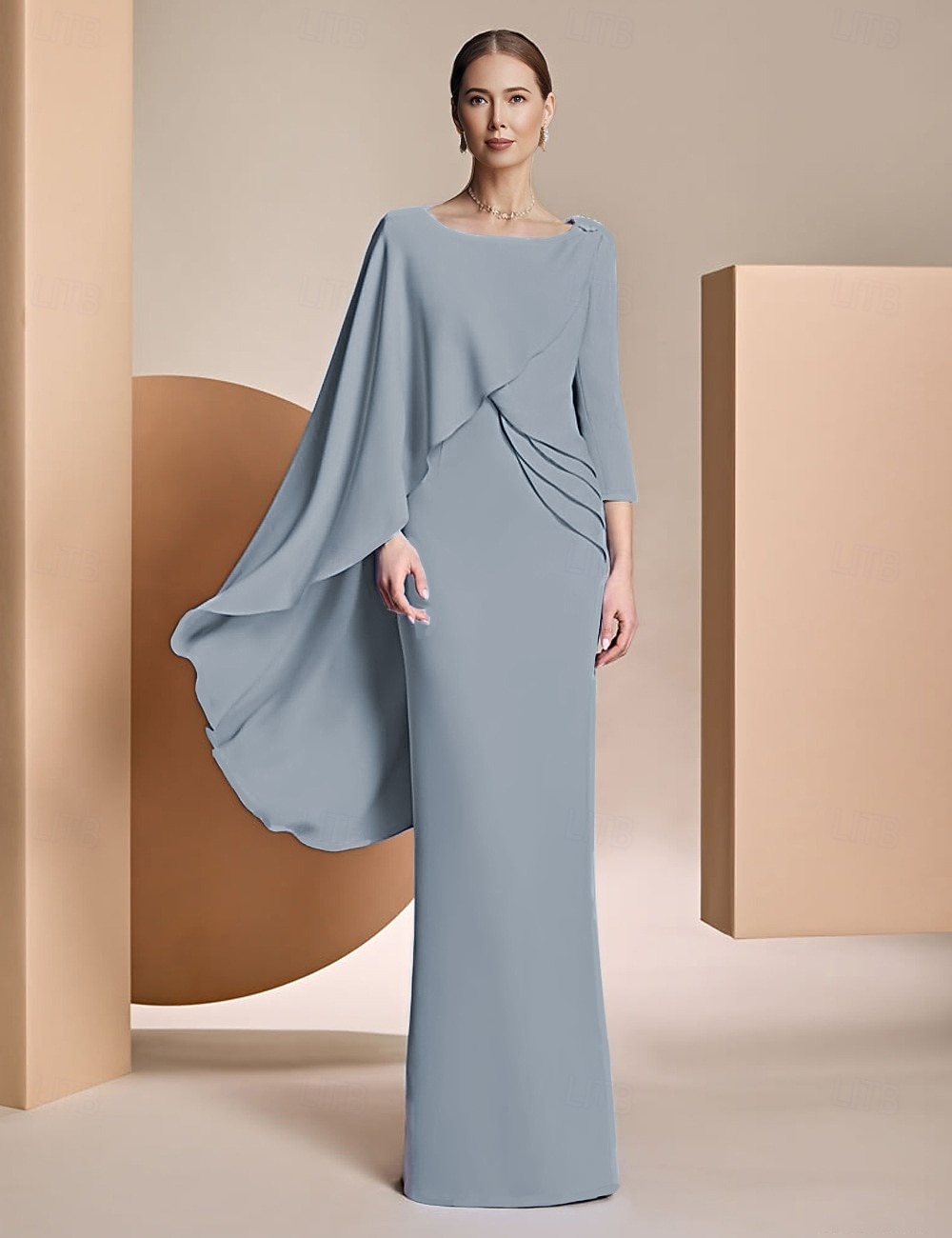Robe fourreau  Colonne Mère de la Mariée Robe Formelle Élégante Col bijou Longueur de sol Chiffon Manches longues avec applications Couleur unie de 2025 ? $159.99 –P3