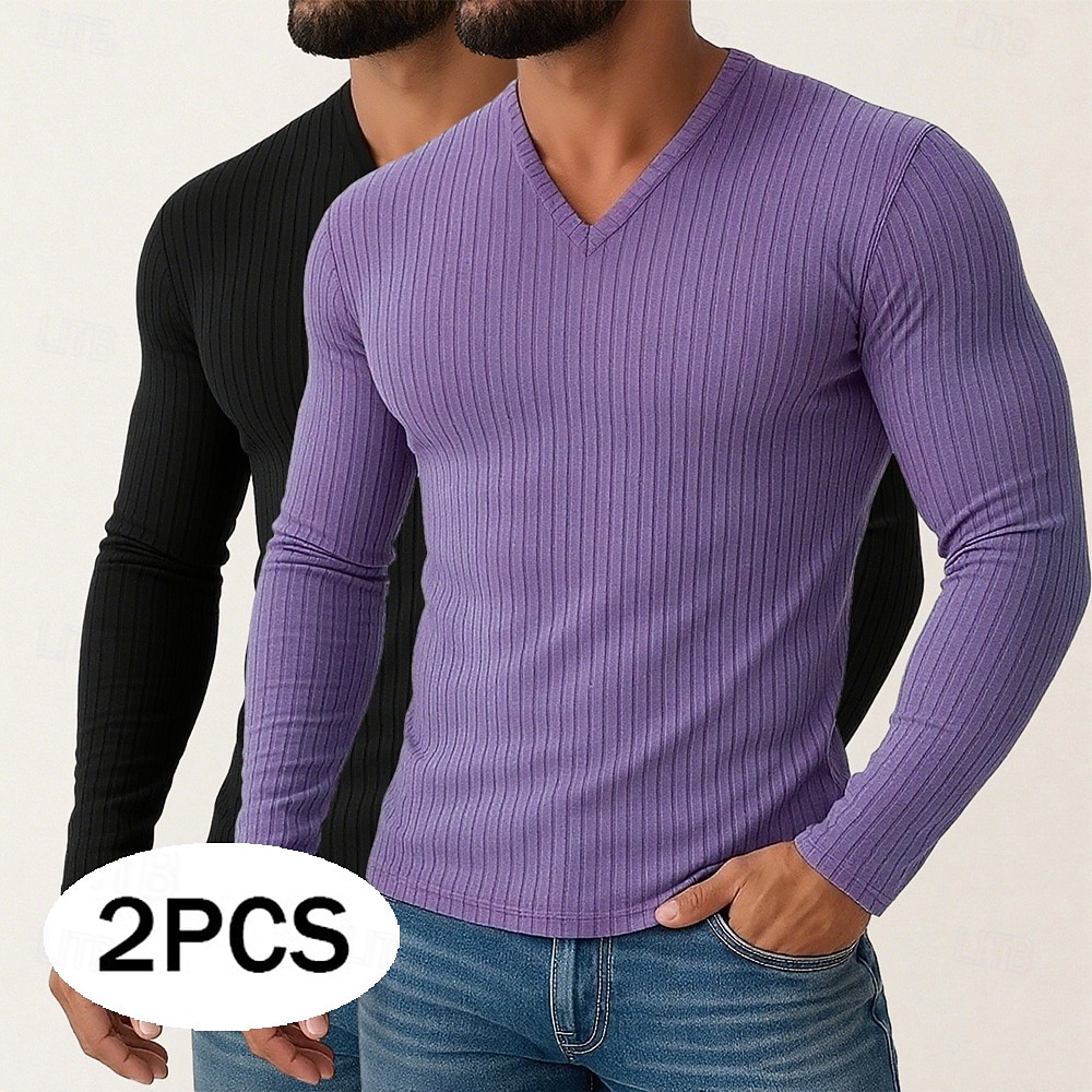 Homme T-shirt Débardeur Musclé T-shirt en tricot côtelé Chemise à Manches Longues manche longue Col en V Printemps Automne Hiver Uni Bande de Fosse Mode Designer Basique 2 pièces Tricot Pack multiple de 2026 ? $31.99 –P1
