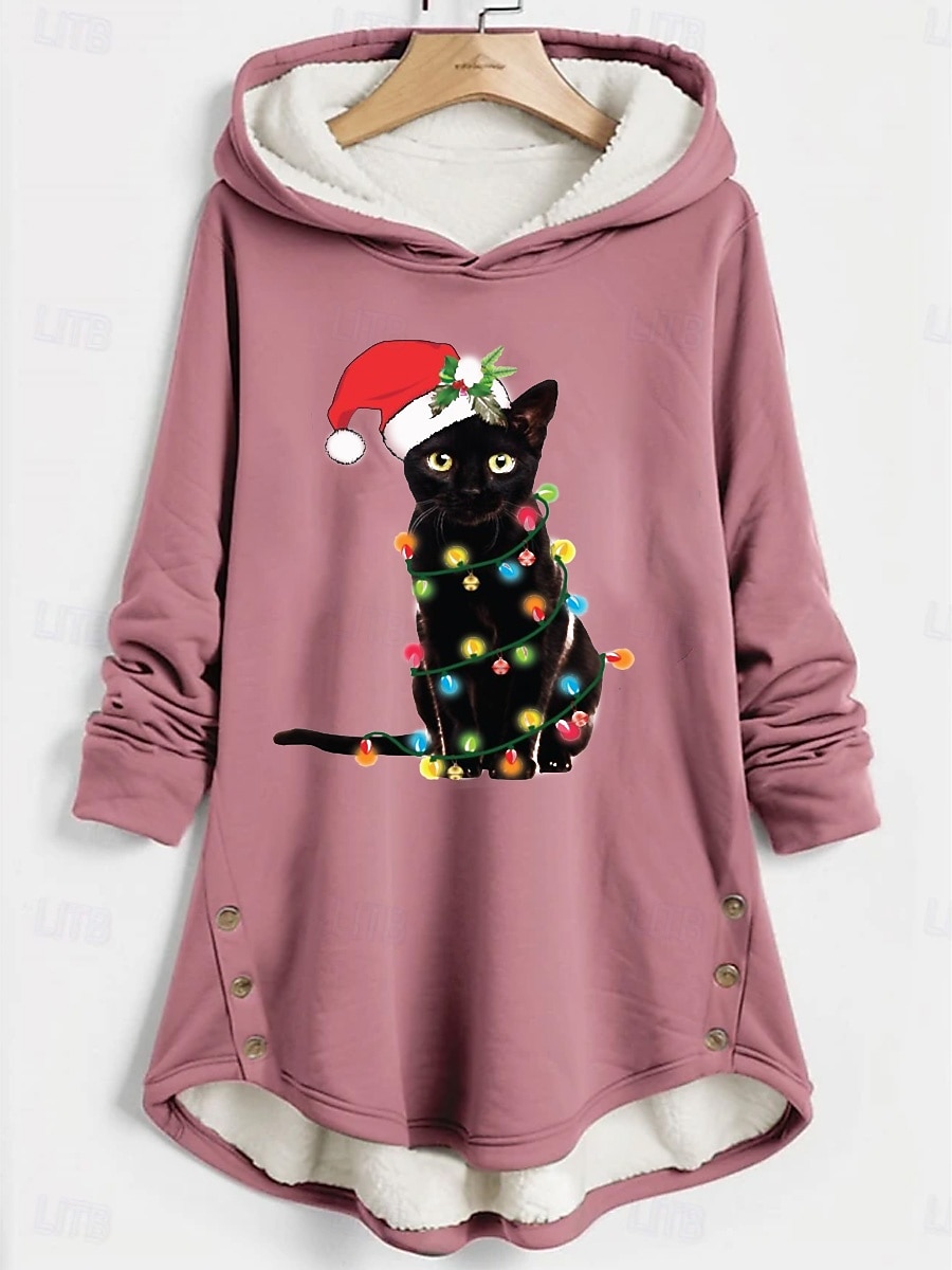 Dame Pullover hettegenser-genser Grafisk Dyr Katt Varm Fritid fuzzy Langermet Med hette Lange topper Avslappet Sport Trykt mønster Rosa Blå Grå Høst Vinter 2025 - $33.99 –P1