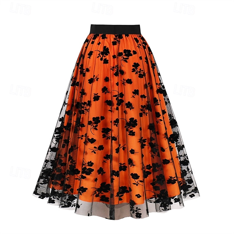 Dam Kjol Gunga Mode Ledigt Maxi Mellanhög midja Kjolar Blommig Sparkle Tulle Microelastisk Semester Halloween Röd Orange Kaki Vår Polyester 2025 - $34.99 –P6