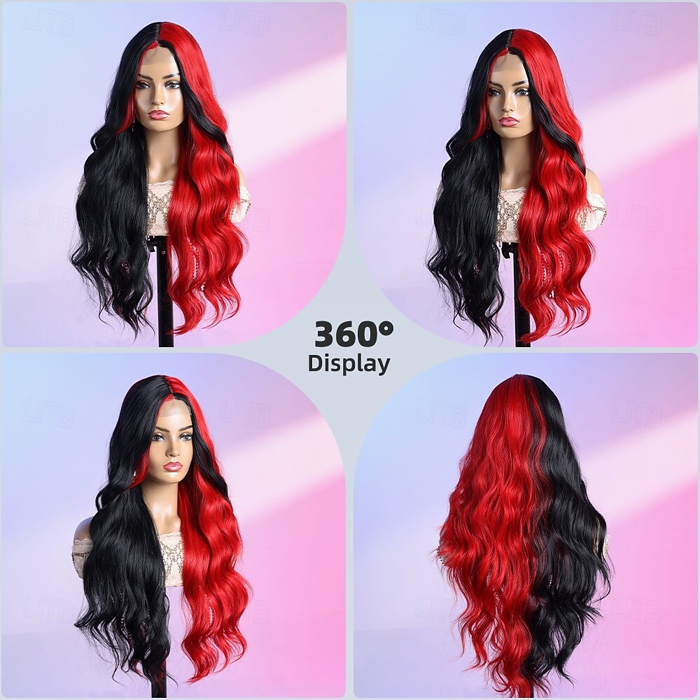 2026年 合成レースウィッグ ウェーブ スタイル 28 インチ マルチカラー ミドル部 Uシェイプ かつら 女性用 かつら 黒/赤  コレクション – $40.99 –P7
