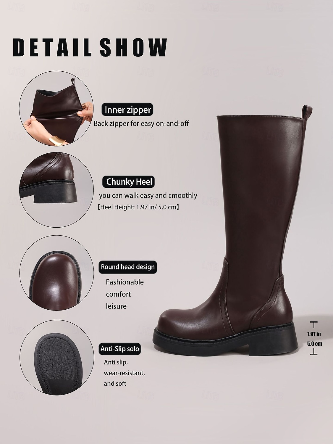 2025年 女性用ブラウンニーハイフェイクレザーブーツ - 秋のファッション、学校、アウトドアに最適なモダンスタイルのローヒール乗馬ブーツ  コレクション – $54.99 –P6