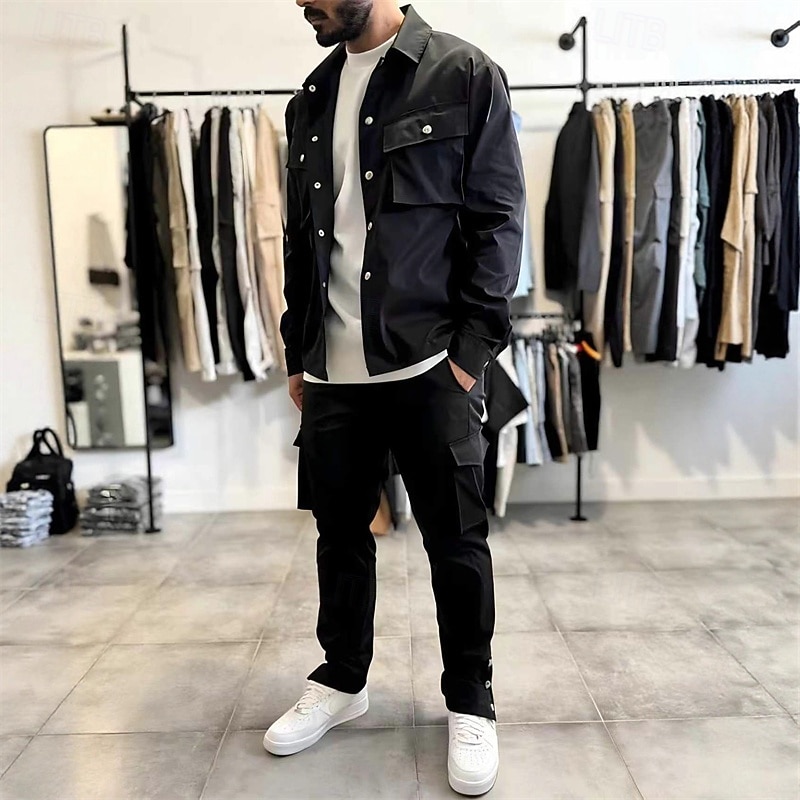 2026年 男性用 軽量ジャケット カーゴジャケット カジュアルジャケット セット バケーション 日常 保温 ポケット 2個 秋 冬 平織り ファッション クラシック ラペル レギュラー ブラック ネイビーブルー スカイブルー カーキ色 ジャケット  コレクション – $61.99 –P4