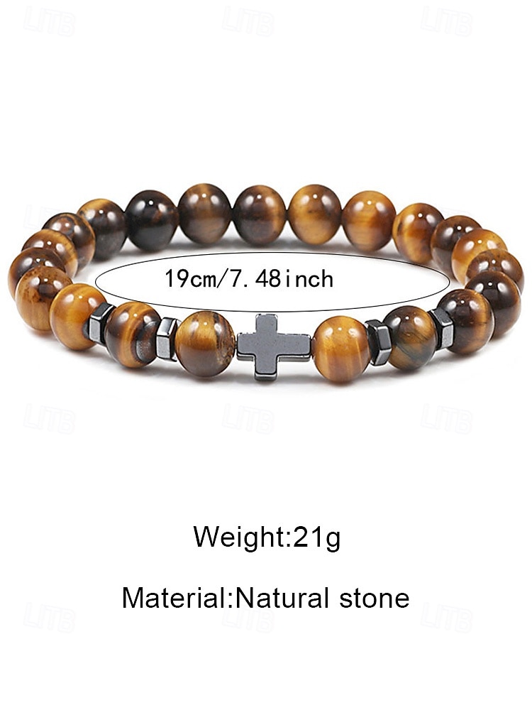 Men's Natural Stone Beaded Bracelet with Cross Charm, Adjustable Stretch Wristband, Spiritual Jewelry for Christmas Gift, Parties and Daily Wear 2026 - $9.99 –P8