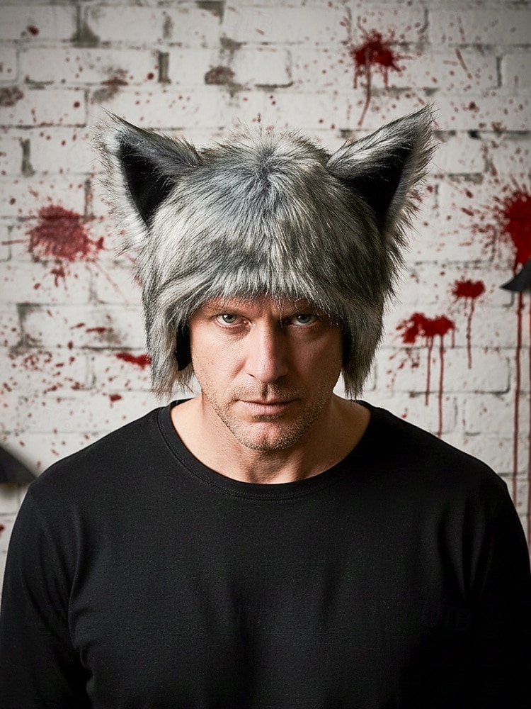 мужская шапка с волчьими ушками на Хэллоуин – пушистая полиэстеровая плюшевая шапка для костюмированной вечеринки, вечеринки и зимнего ношения 2025 - $14.99 –P2