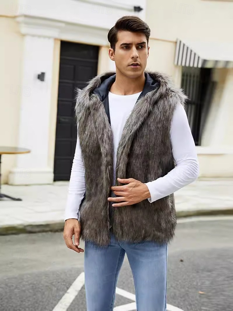 Herren Fleeceweste Kapuzenweste Kunstpelz-Mantel Urlaub Lässig Alltagskleidung Ausgehen Mode Basic Herbst Frühling & Herbst Mit Kapuze Acryl Kunstpelz Bequem Einfach Reisverschluss V Ausschnitt 2026 - $51.99 –P3