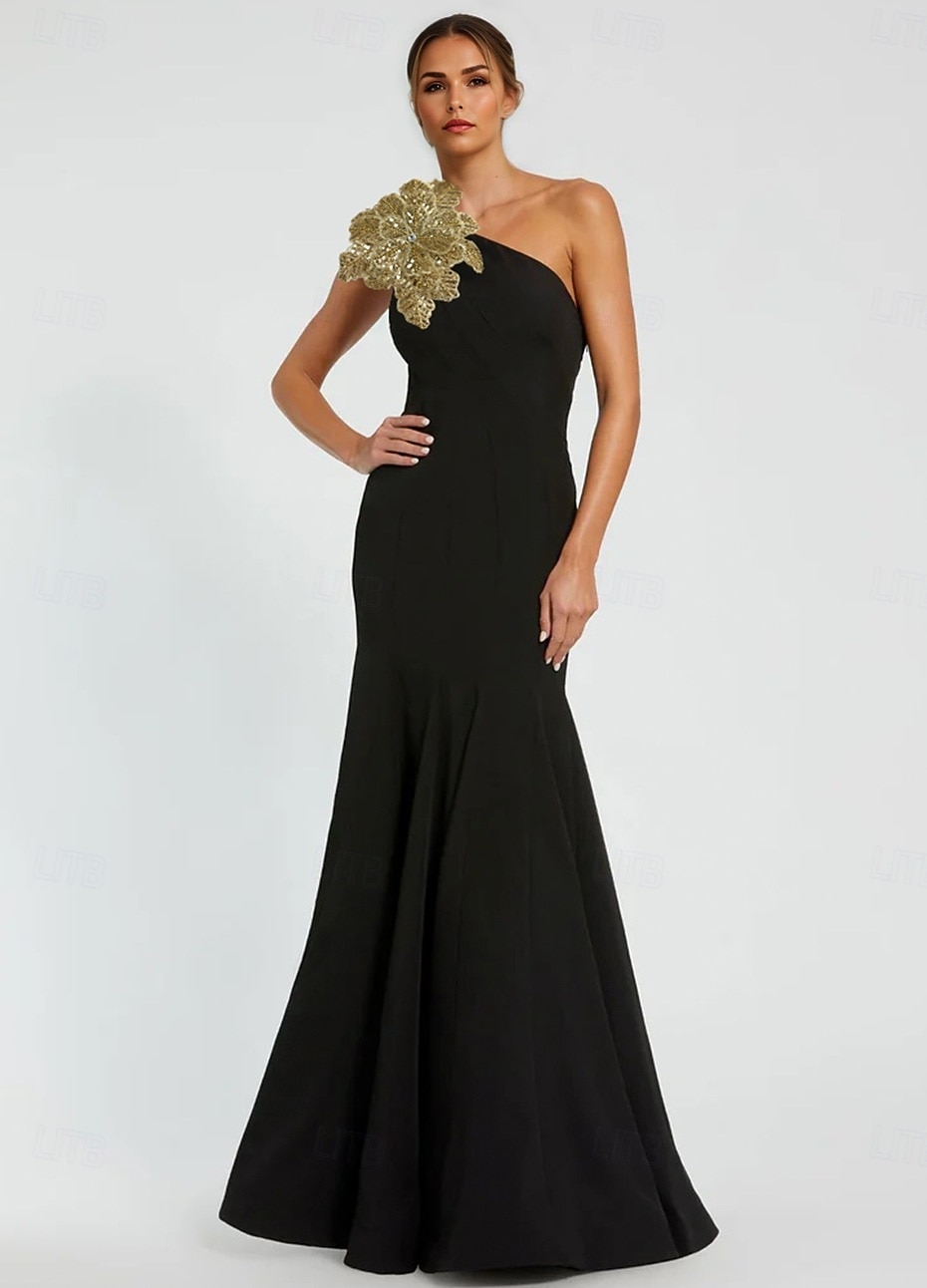 Black Tie Mermaid / Trumpet Evening Gown Elegant Formal Dress Formal Wedding Floor Length Sleeveless One Shoulder Capes Stretch Crepe with Shawl 2025 2025 - $154.99 –P1