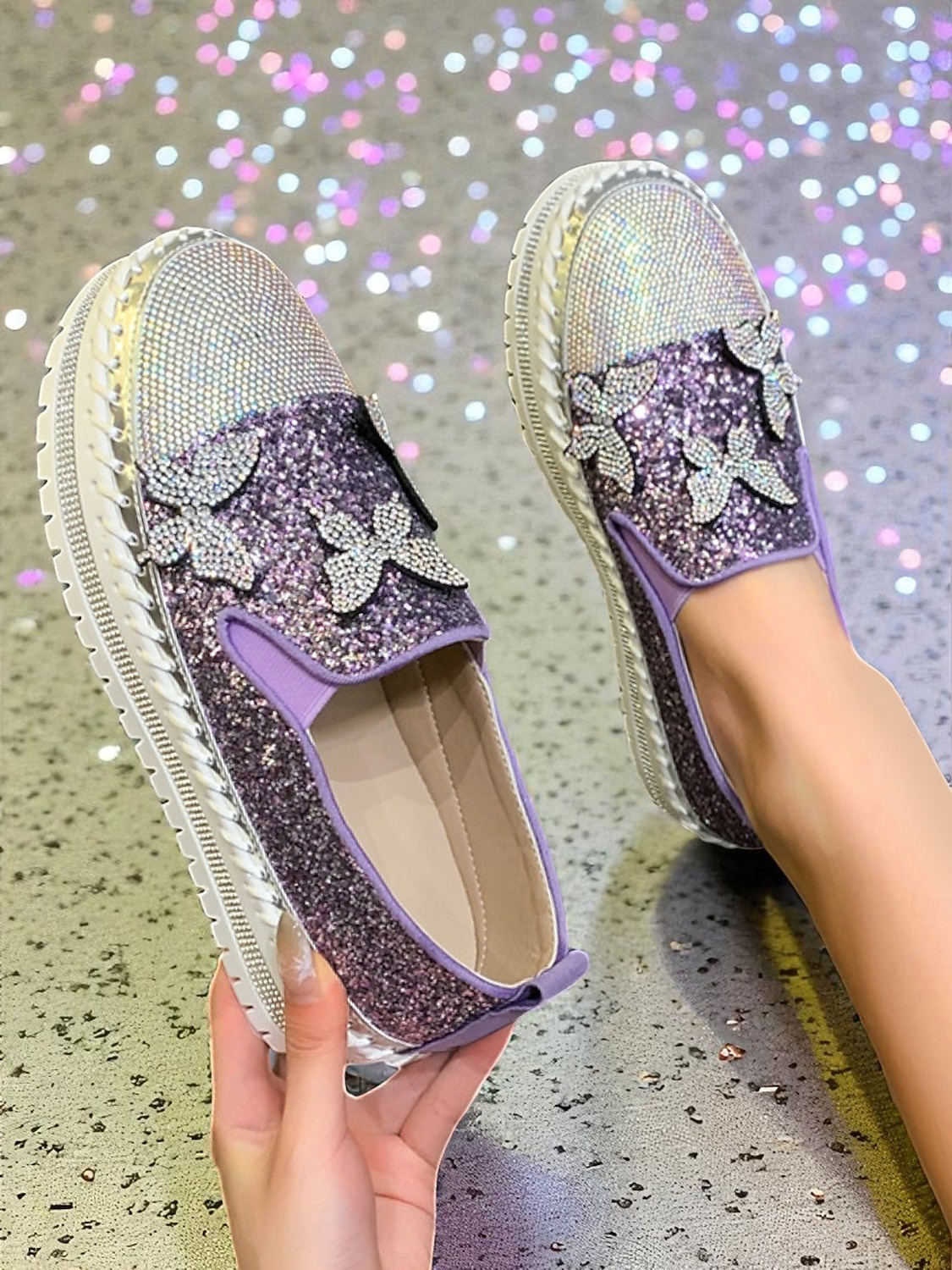 Sneakers slip-on da donna con plateau, glitter viola e design a farfalla in strass - scarpe alla moda per la vita notturna, le feste e le discoteche del 2025 a $32.99 –P4