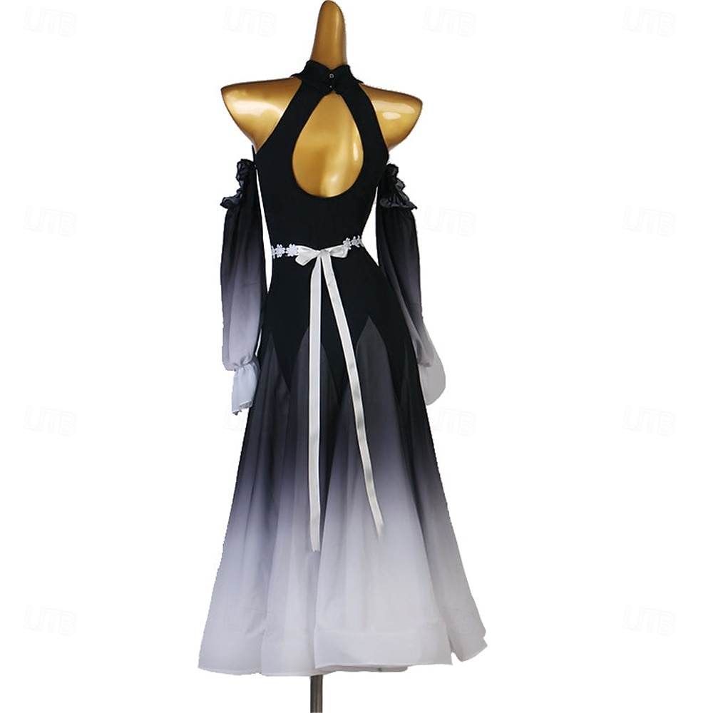 abito da ballo da sala da donna viola sfumato con maniche fluenti, cintura in vita e scollo all'americana, perfetto per balli latini, tango e performance del 2026 a $172.99 –P8