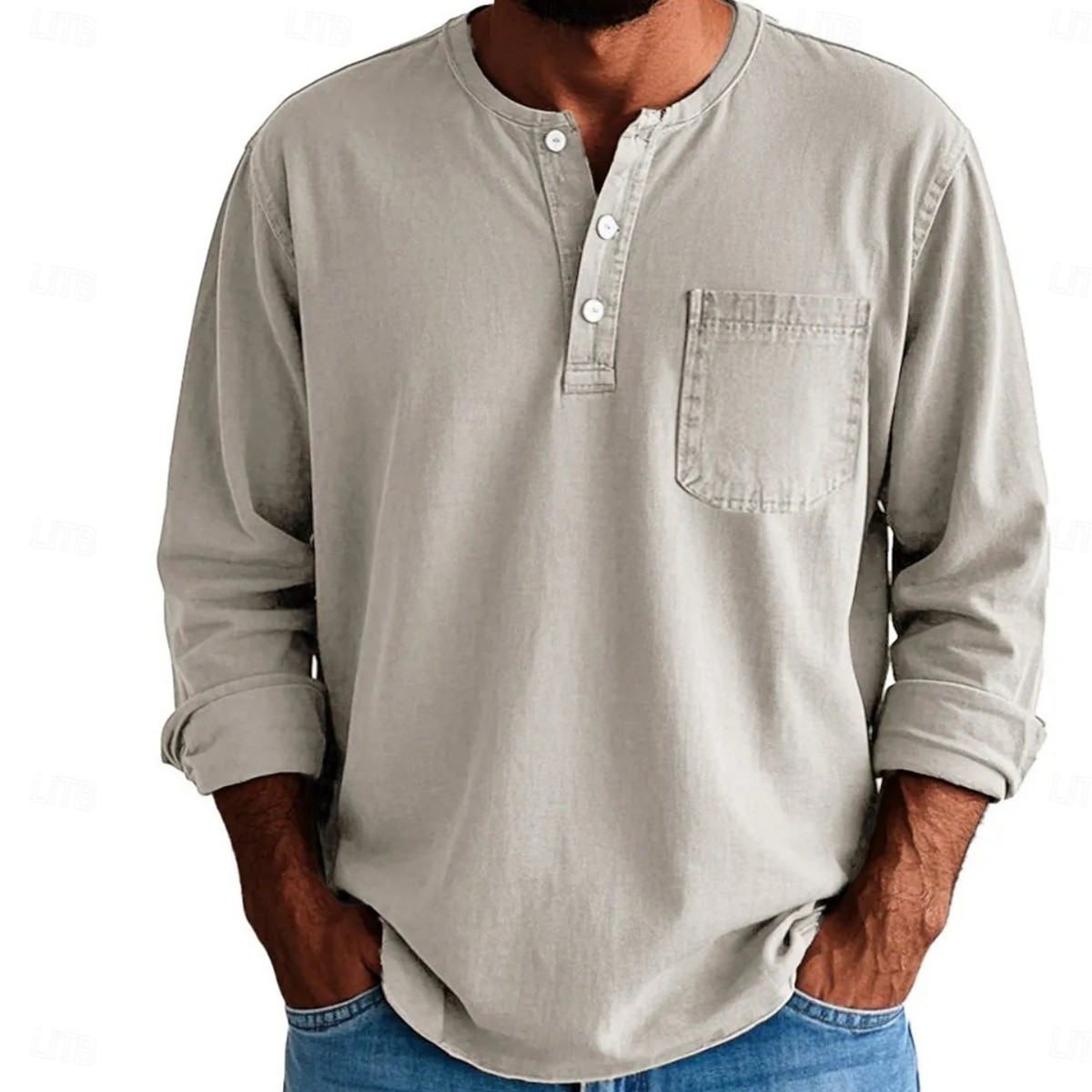 2026年 男性用 ヘンリーシャツ Tシャツ コットン100% アシッドウォッシュシャツ ヘンリートップ 長袖 純色 平織り ヴィンテージ ファッション レトロ風 色褪せた ボタン ヘンリー カジュアル 日常 アウトドア 夏 春 オールシーズン ブルー ダークレッド ブラック ヘンリーTシャツ  コレクション – $31.99 –P9