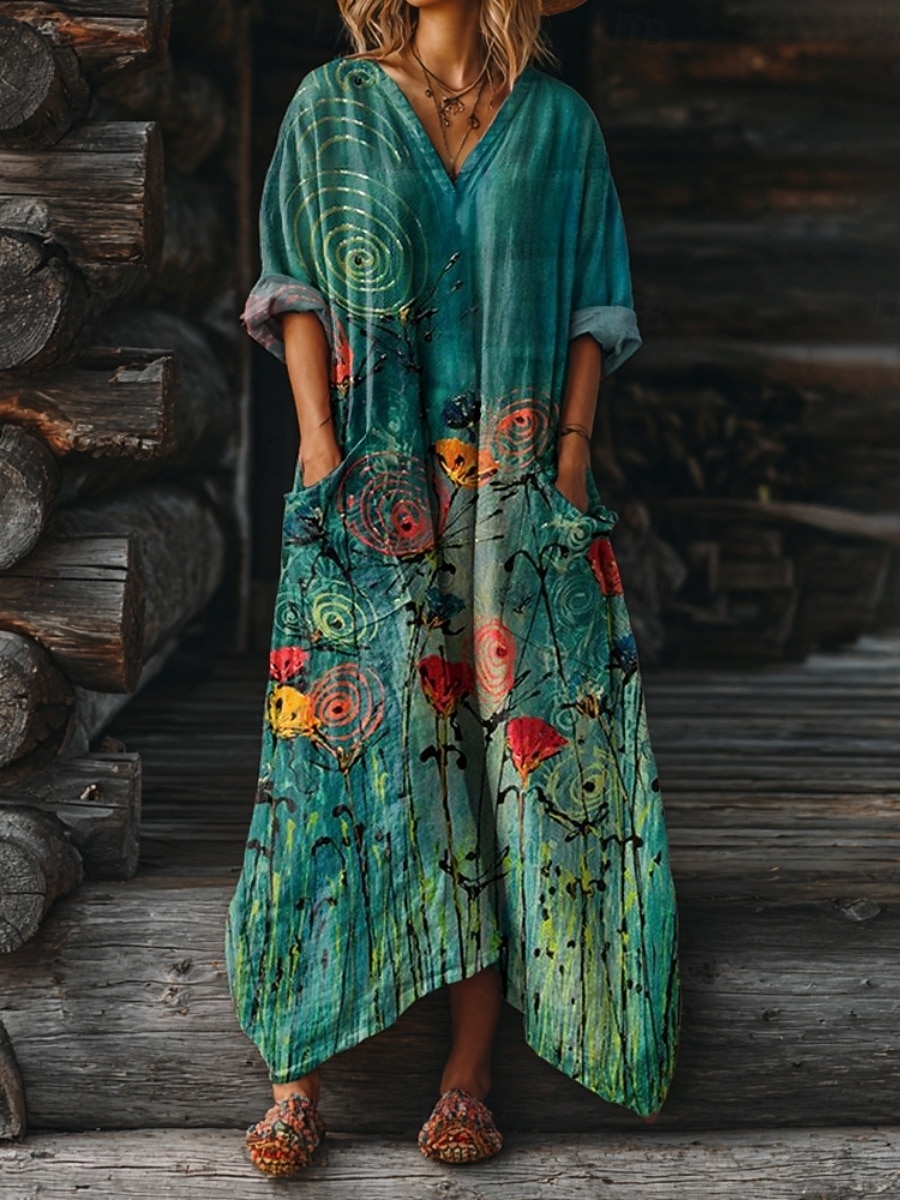 Naisten Maksimekko A linjainen mekko Loma Vapaa-aika Päivittäin Normaali Loose Fit Kukka Kuvitettu Pitkähihainen V kaula-aukko Punastuvan vaaleanpunainen Tumma vaaleanpunainen Rubiini Sininen Kes 2025 - $53.99 –P6