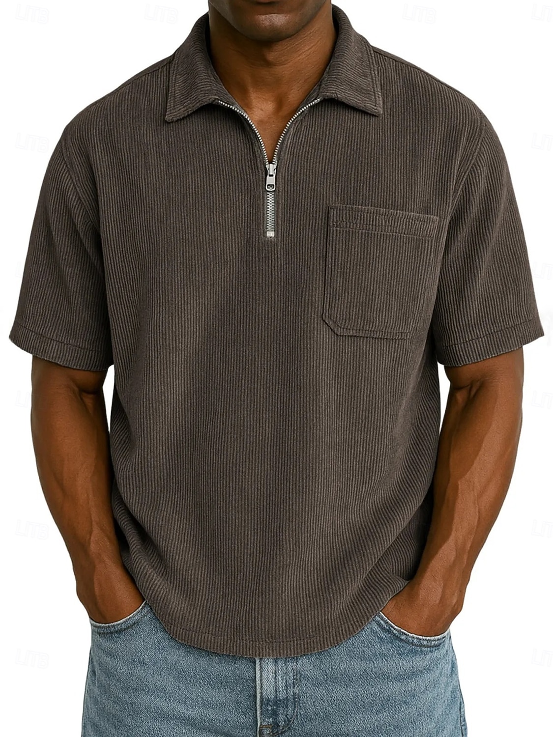 Homme Polo à fermeture éclair Texturé Occasionnel Fête Revers Zip quart Manche Courte Mode Basique Uni Texturé Quart de zip Chaud Été Printemps Coupe régulière Marron foncé Violet Kaki Polo de 2026 ? $29.99 –P7