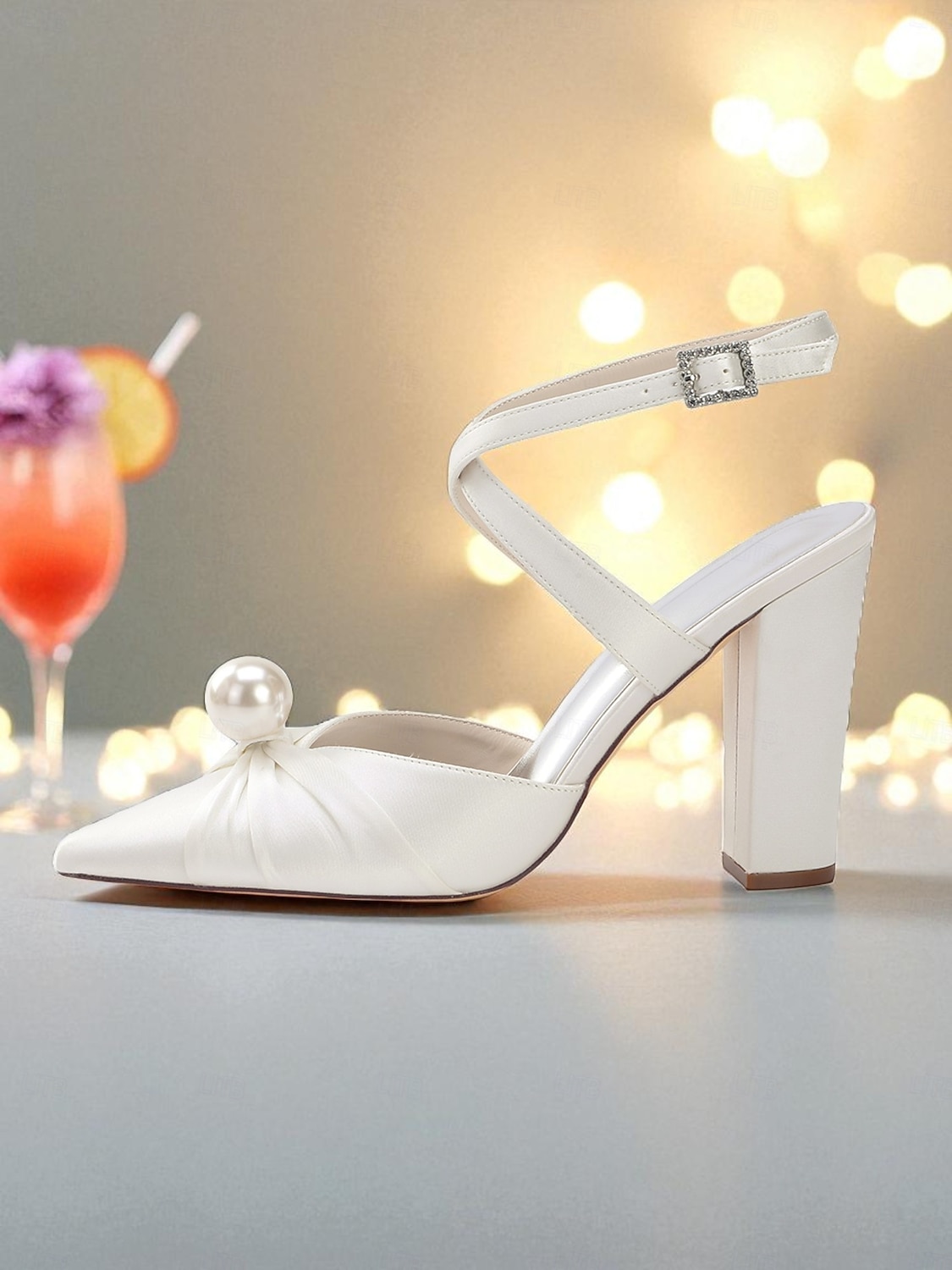 Women's Blue Satin Block Heel Pumps with Pearl Detail and Ankle Strap - Elegant Pointed Toe Shoes for Formal Occasions and Cocktail Parties 2025 - $59.99 –P4