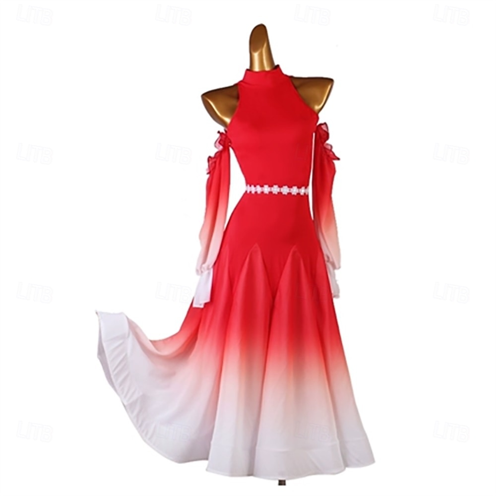 abito da ballo da sala da donna viola sfumato con maniche fluenti, cintura in vita e scollo all'americana, perfetto per balli latini, tango e performance del 2026 a $172.99 –P10