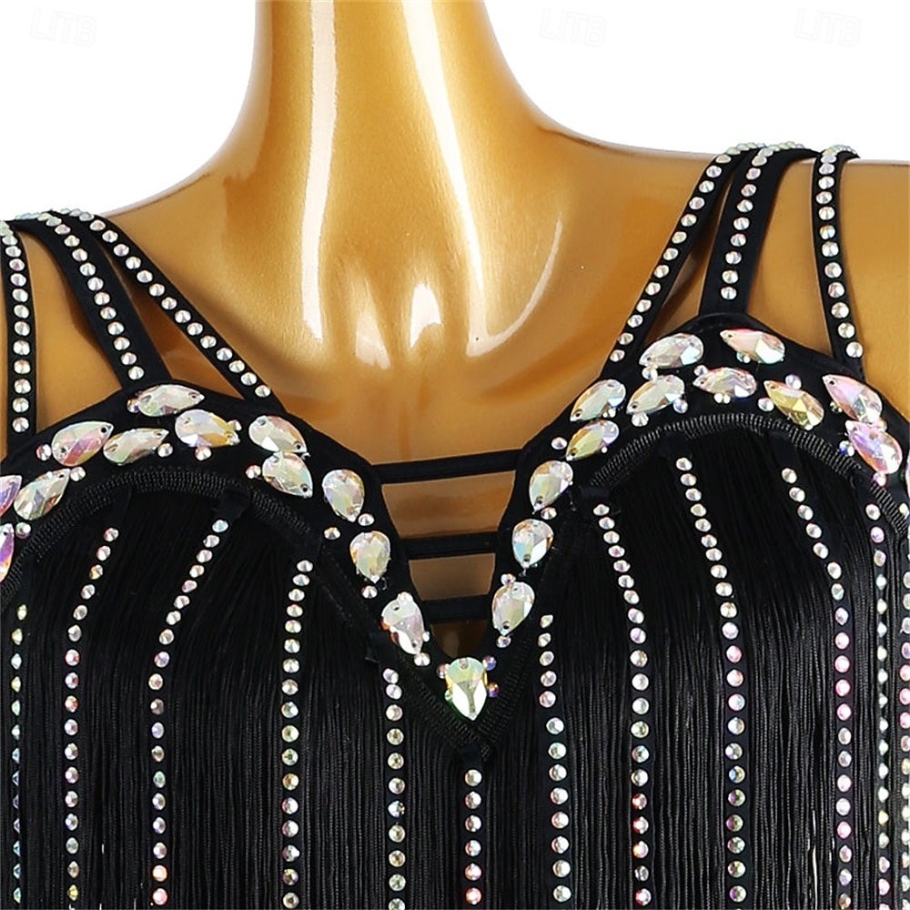 Women's Black Fringe Latin Dance Dress with Rhinestone Detailing, Sleeveless, and Crisscross Straps – Perfect for Salsa, Rumba, and Performance Wear 2026 - $222.79 –P7
