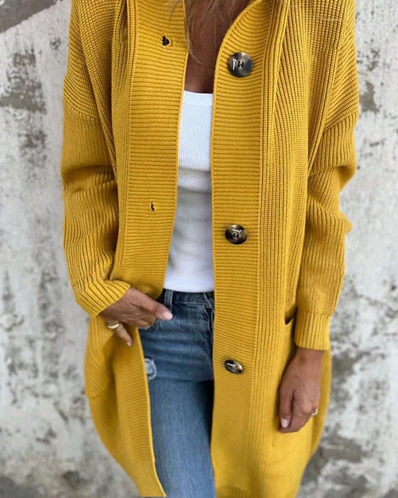 Damen Pullover Strickjacke Streetwear Lässig Einfarbig Mit Kapuze Tasche Knöpfe Gestrickt Langarm Lange Oberteile Stricken Täglich Ausgehen Wochenende Schwarz Gelb Herbst Winter 2025 - $41.99 –P5