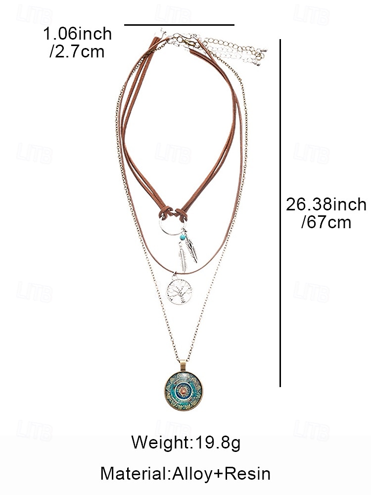 Женское многослойное ожерелье в стиле бохо, тройная цепочка с пером, деревом жизни и винтажным круглым шармом для фестивалей, вечеринок и повседневной носки 2026 - $9.99 –P6