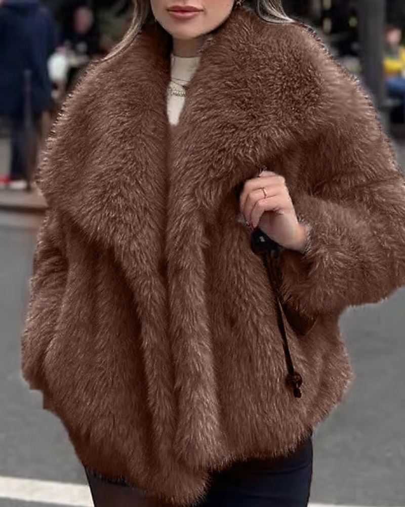 Damen Kunstpelzmantel Warm Bequem Pelze & Leder Lässig Einfach Straße Ferien Ausgehen Wochenende Regulär Umlegekragen Normale Passform Langarm Oberbekleidung Kaffee Herbst Winter 2025 - $52.99 –P1