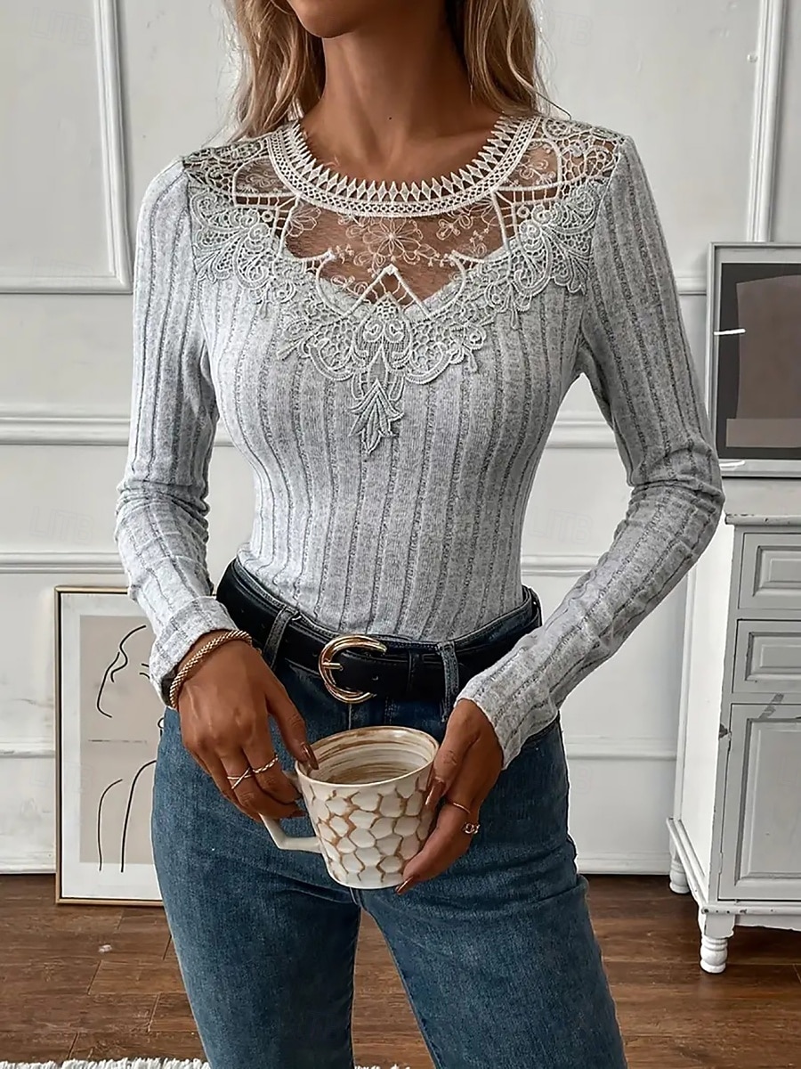 Per donna Blusa Pizzo Patchwork Tinta unica Elegante Essenziale Casual Manica Lunga Girocollo Top Regolari Quotidiano Nero Bianco Rosa Viola Grigio Primavera Autunno Inverno del 2026 a $21.99 –P1