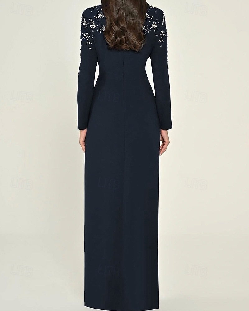 Rochie smoking cu imprimeu floral, tip coloană, cu cristale, model formal, pentru invitați de nuntă, rever din satin, crep elastic, mânecă lungă, guler cu rever crăpat și volane 2025 - $179.99 –P3