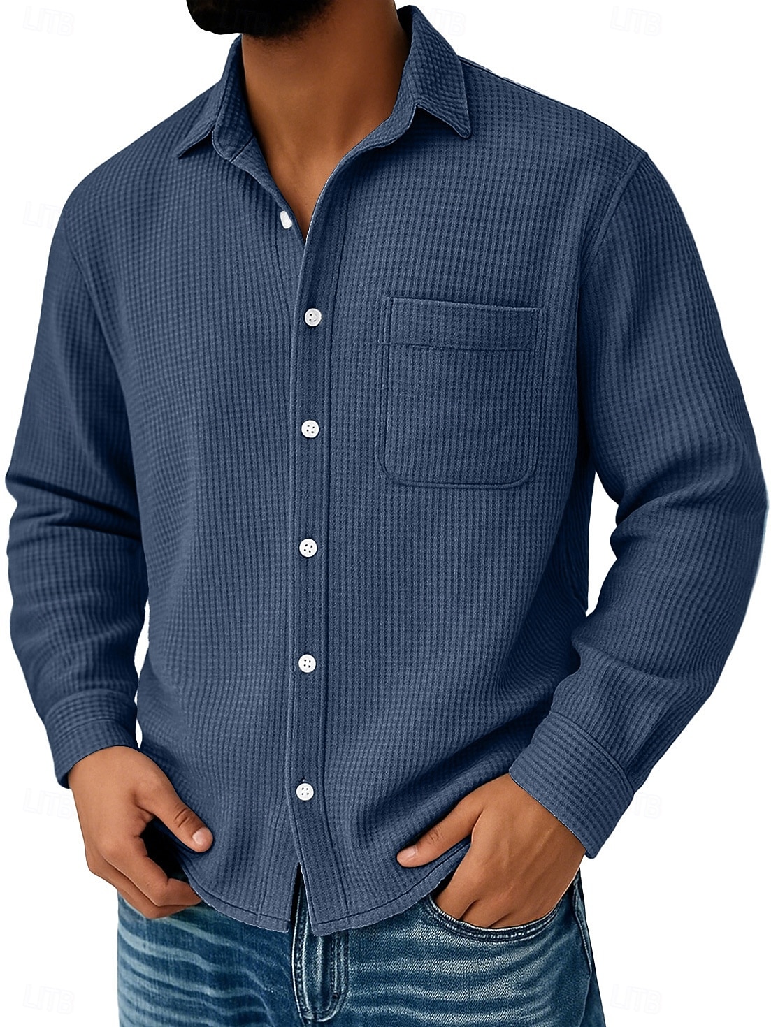 Herren Waffelhemd Freizeithemd Knopfhemd Waffelstrickhemd Schwarz Weiß Wein Marineblau Blau Langarm Einfach Umlegekragen Lässig Täglich Tasche Bekleidung Strickware Mode Streetwear Modern 2025 - $23.99 –P7