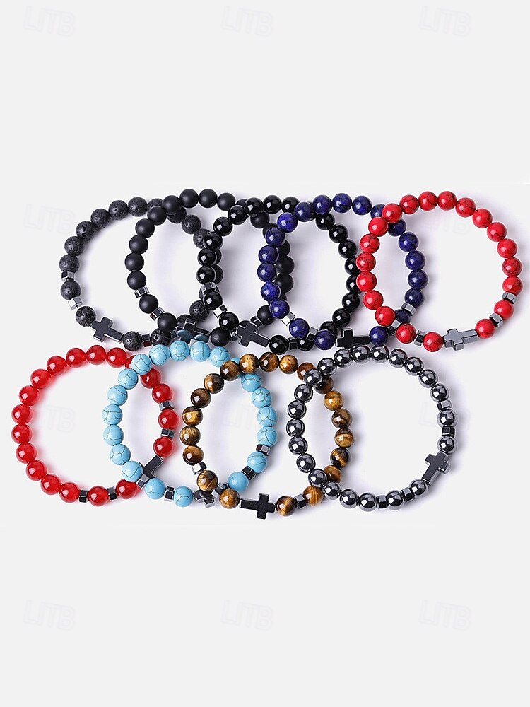 Men's Natural Stone Beaded Bracelet with Cross Charm, Adjustable Stretch Wristband, Spiritual Jewelry for Christmas Gift, Parties and Daily Wear 2026 - $9.99 –P5