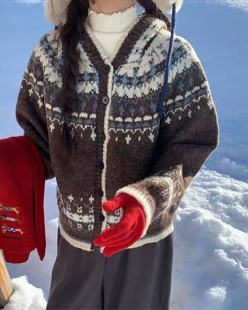 Dame Genser Kofte Fair Isle genser Årgang Mote Fritid Geometrisk Riflet Med hette Knapper Strikket Trykt mønster Langermet Vanlige topper Strikke Jul utendørs Daglig kaffe Høst Vinter 2025 - $33.99 –P1