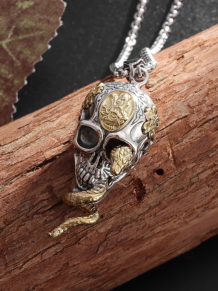Collana con ciondolo a forma di serpente e teschio di Halloween da uomo, gioielli in lega in stile punk gotico per feste, cosplay e festival del 2025 a $9.99 –P7