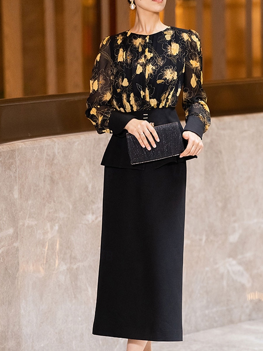 Deux Pièces Ensembles de Robes Robe de Mère de Mariée  Élégant ancien Col ras du cou Longueur thé Chiffon manche longue avec Imprimé de 2025 ? $99.99 –P5