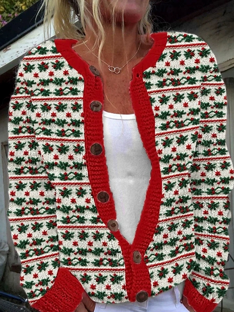 Women's Cardigan Daily Stylish Floral Graphic Snowman Ribbed Crew Neck V Neck Buttons Print Long Sleeve Regular Tops Knit Outdoor Weekend Pink Red Fall Winter 2025 - $41.99 –P3